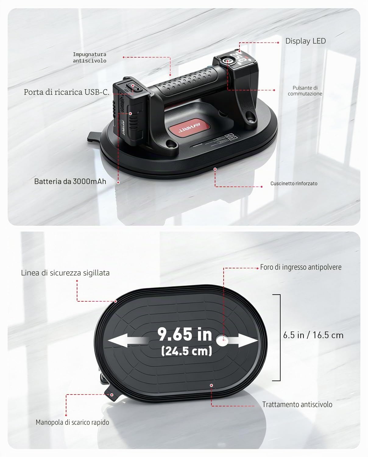 Ventosa per Piastrelle Elettrica, Ø24.5 cm Ventose per Vetro con 4x Batterie 3000mAh, 250KG Max, Schermo LCD, Ventosa a Batteria per Potenza di Aspirazione