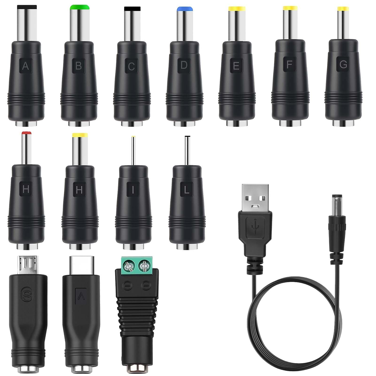 14 en 1 Chargeur Câble USB A vers DC 5.5x2.1 mm Câble Adaptateur DC Rond avec Embout Micro/Type-C Connecteurs pour Ventilateurs Routeurs Lampes Ruban LED Rasoir Box TV PC Diffuseur Universel 1M - 2