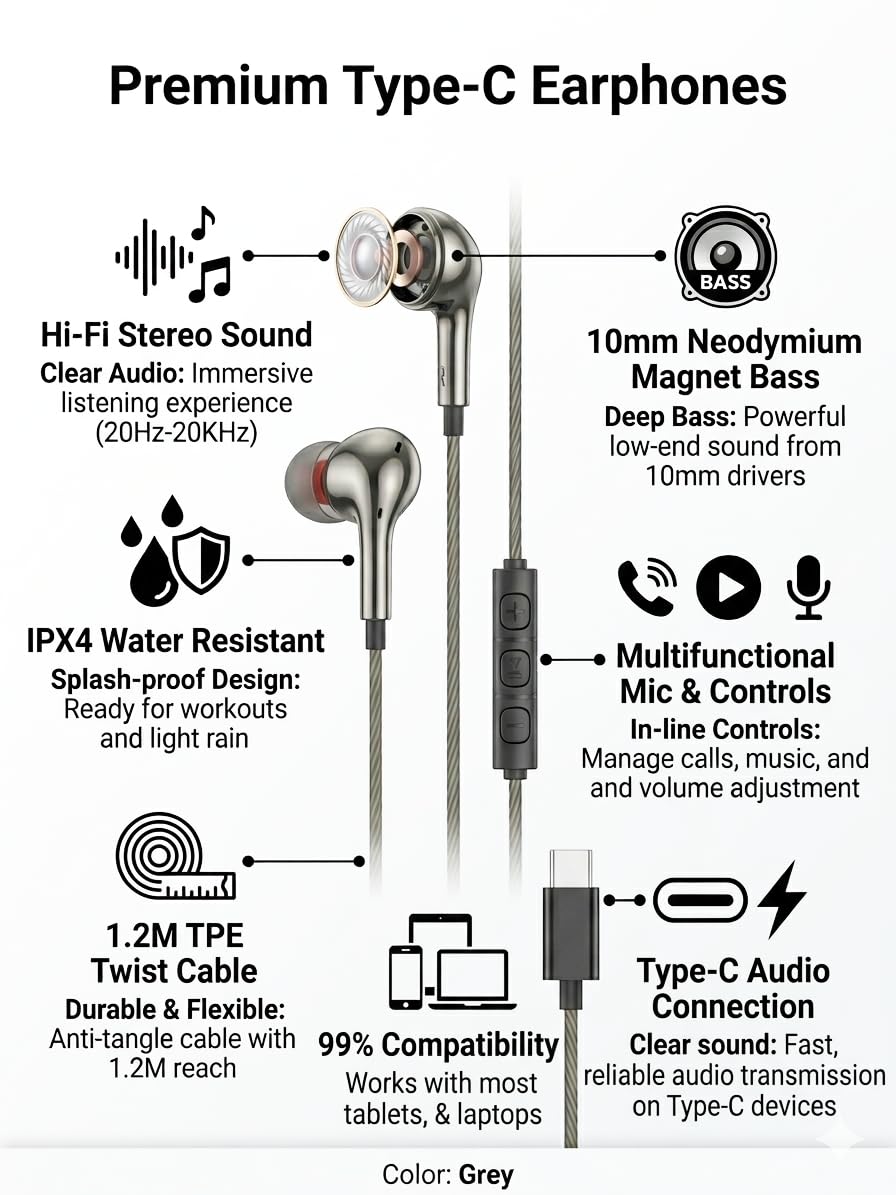 Chrome [Paquete de 100] Auriculares USB C envueltos individualmente, auriculares con cable para iPhone 17, 16, 15 Pro Max, auriculares USB C con micrófono y control de volumen, tipo C para Samsung