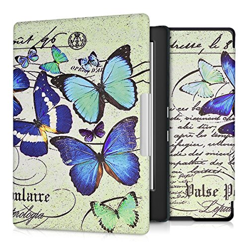 kwmobile Case Compatible with Kobo Aura H2O Edition 1 - PU e-Reader Cover - Vintage Butterflies Blue/Mint/Beige