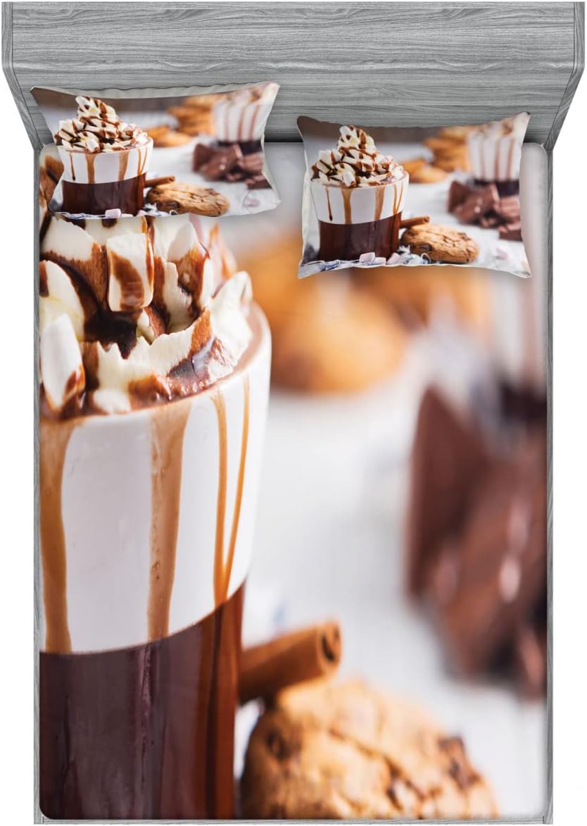 Ambesonne Chocolate Fitted Sheet & Pillow Sham Set, Messy Cup with Hot Chocolate Whipped Cream Marshmallows Chocolate Chip Cookies, Decorative Printed 3 Piece Bedding Decor Set, Queen, Multicolor