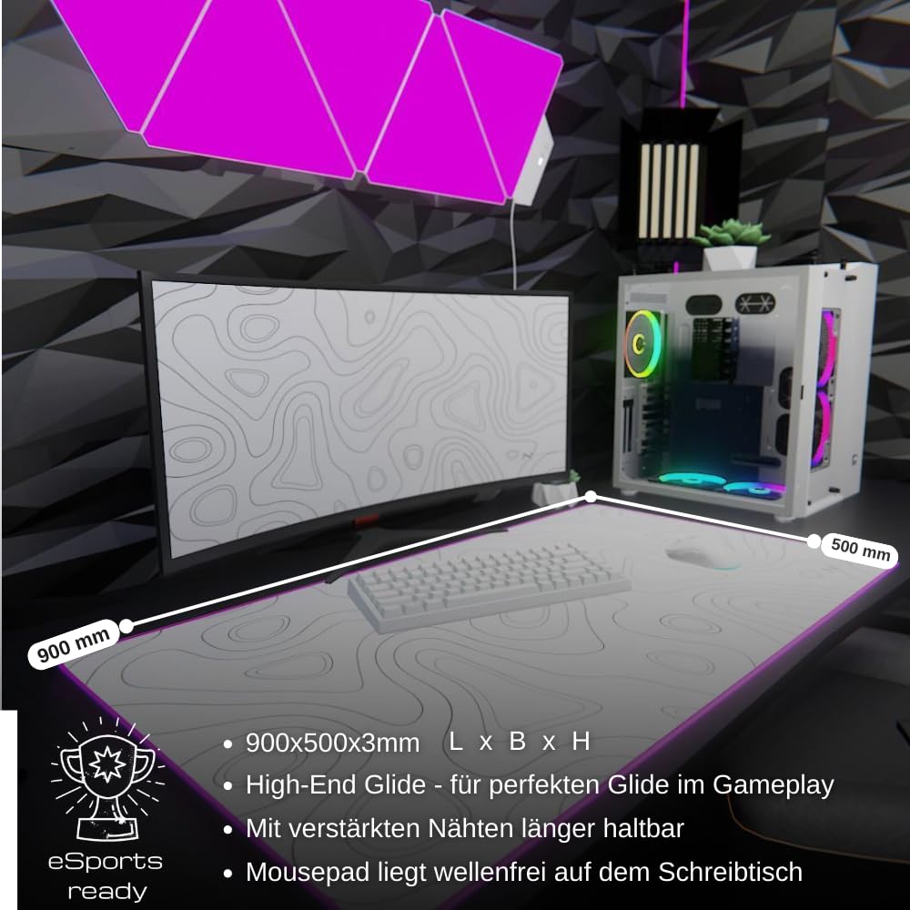 Nyfter - XXL Gaming Mauspad RGB White im Topography Design 900 x 500mm Premium Mousepad Size Groß vernähte Kanten langlebig mit high-end Glide und Anti-Rutsch Speed Gaming Mauspad