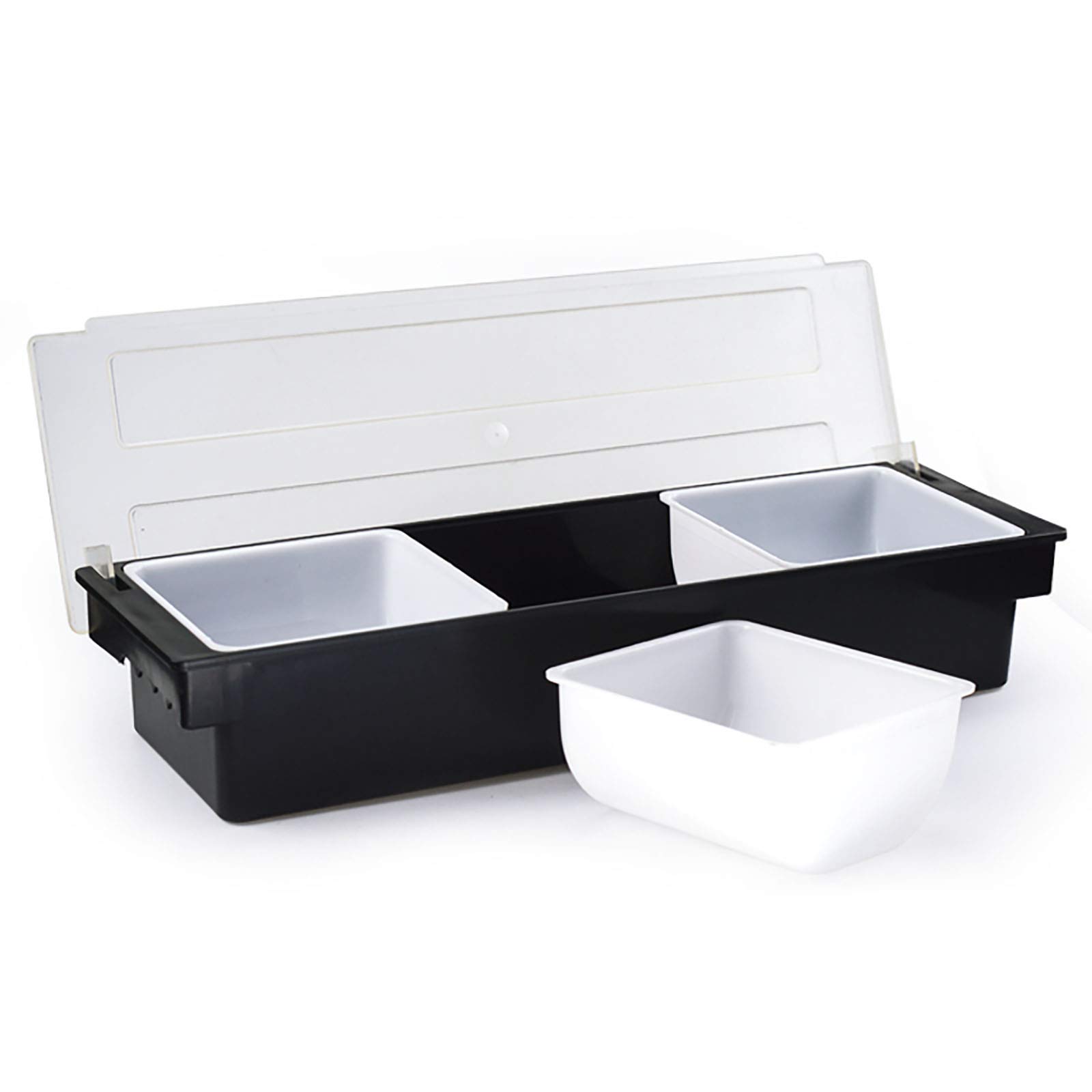Contenitore per frutta, contenitore per spezie, ingredienti, contenitore per condimenti, adatto per bar, cucina, buffet, picnic, barbecue, feste, rettangolari, con coperchio, nero e bianco, 3 griglie