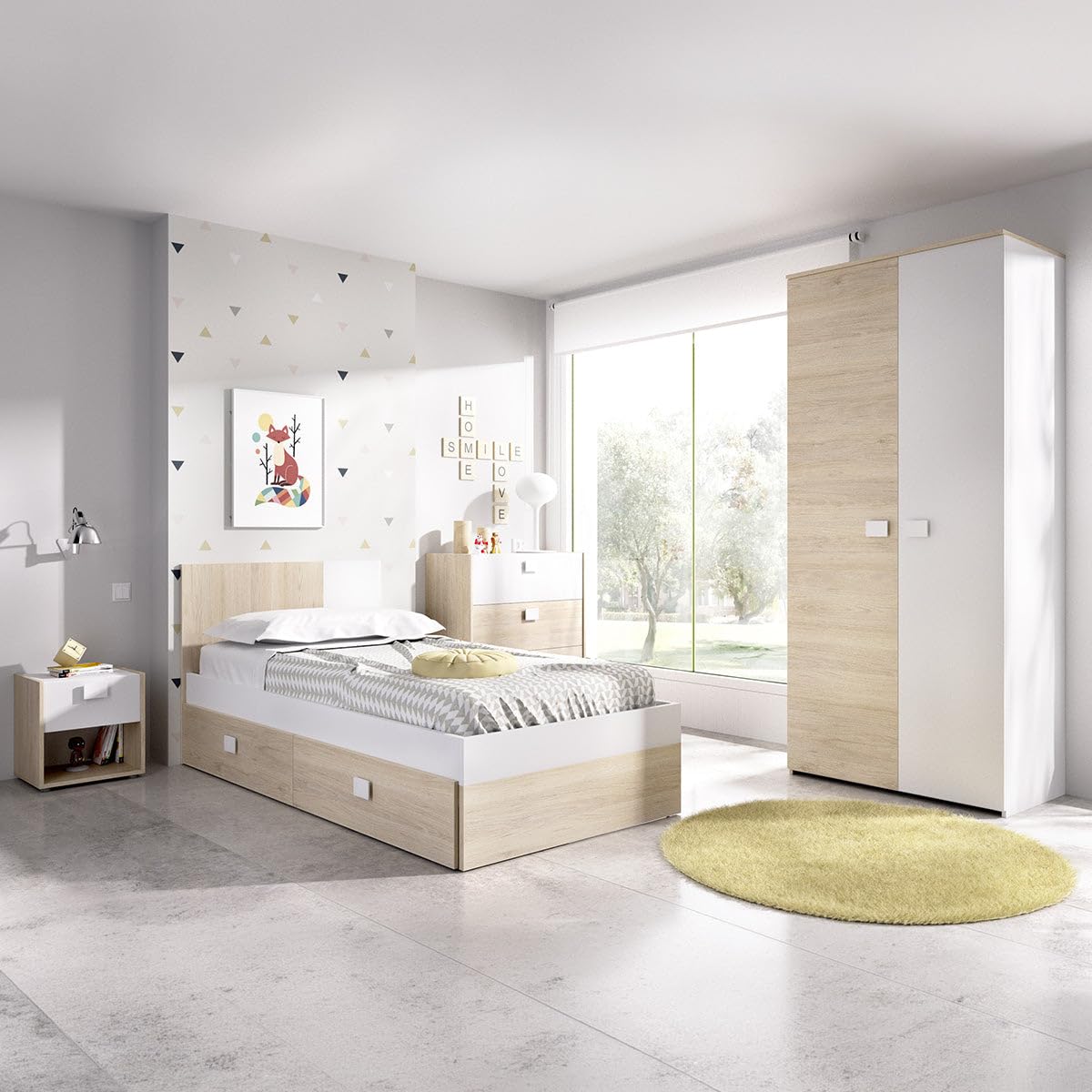 DEKIT - Pack Ahorro Juvenil Cama Dina con cajones, Armario, mesita y cómoda con 1 Colchón viscoelástico Nova 90x190cm y 1 Somier de Lama Ancha