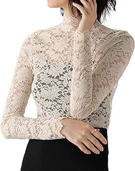 【mnem】Cordell Lace Turtleneck Tee Women T-Shirts Sexy Turtleneck Lace Fitted for Tank Top Slim