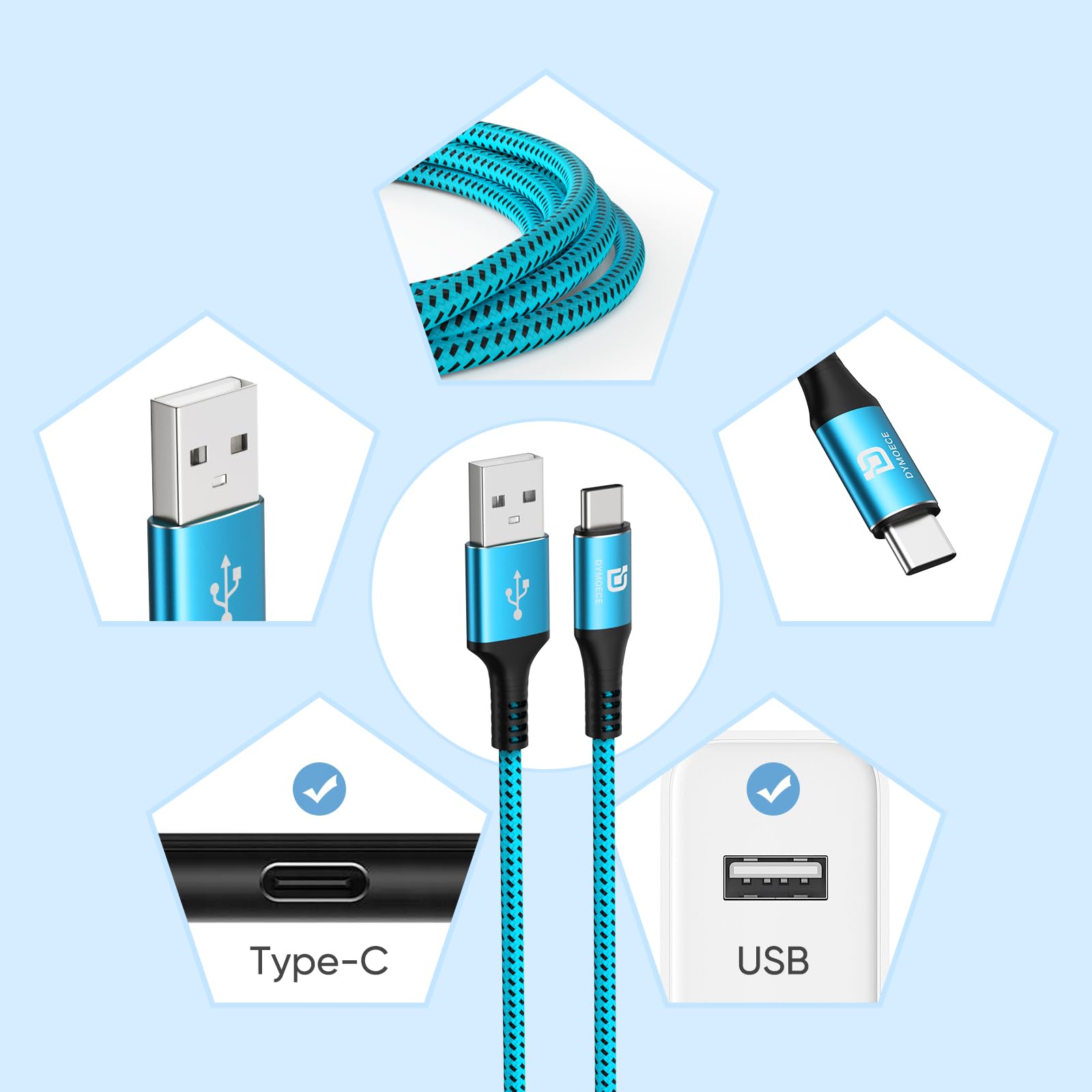 Lot de 5 câbles USB C de 3 m USB A vers C - Charge rapide en nylon tressé pour Samsung Galaxy S9 S8 Note 9 Note 8 Galaxy Note 20 10 S21 S20 S10 Plus - Câble USB de type C