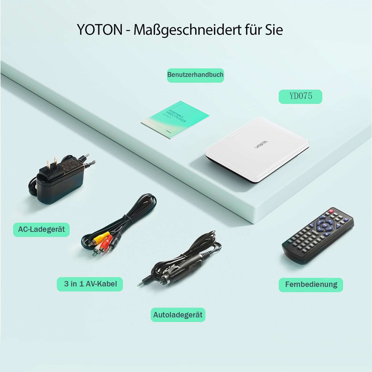 Yoton 9,5" Tragbarer DVD-Player für Kinder im Auto mit 7,5" HD-Schwenk Bildschirm, Stereo-Lautsprechern, 6 Stunden Akkulaufzeit, Sync-TV/USB/SD-Karten-Unterstützung, Weiß [Kein Blu-ray Support]