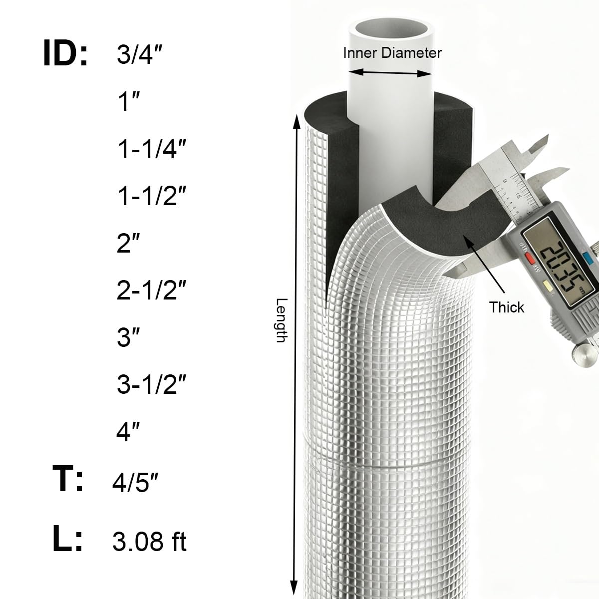 Tubo isolante in schiuma autoadesiva per tubi, diametro interno da 3/4 a 4 pollici, lunghezza 0,94 m, 1 confezione (ID 4 "x T 4/5")