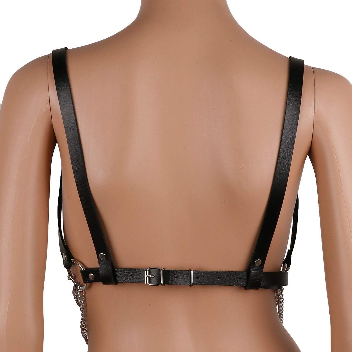 YiZYiF Punk Waist Belt Body Chain PU Leather Chest Harness Belt Body Caged Bra with Metal O-Rings and Tassel Chainsc