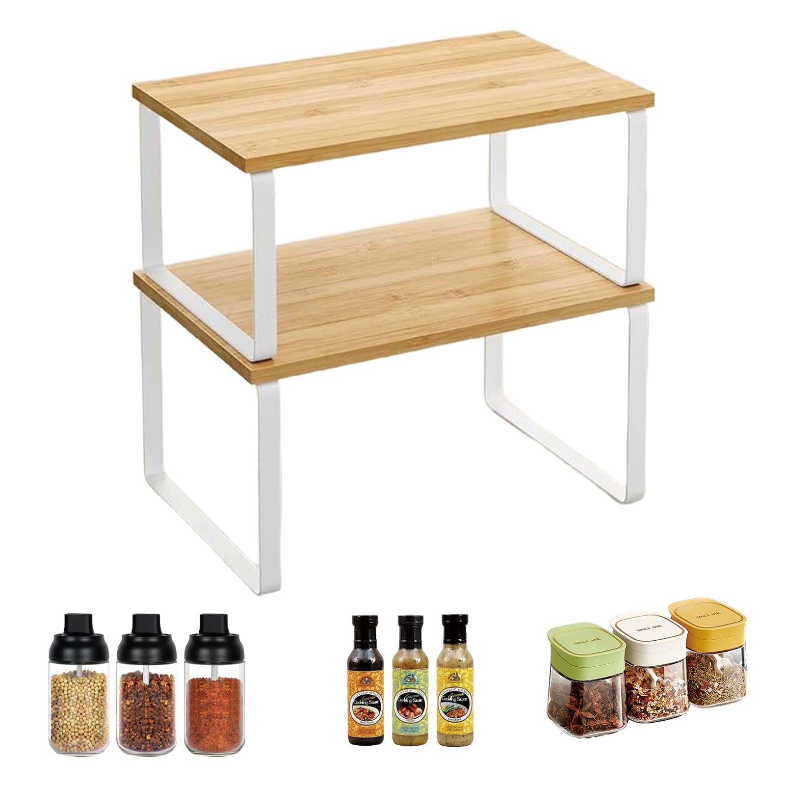 Eidoct Set of 2 Spice Rack, Kitchen Cupboard Organiser, Stackable and Expandable Kitchen Storage Shelves, for Storage Spice Bottle, White