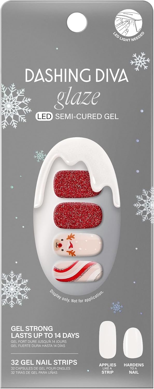 Dashing Diva Glaze Nail Strips - Jolly and Bright | Works With Any LED Lamp | Long Lasting, Chip Resistant Gel Wraps | 32 Salon Quality Strips, 2 Prep Pads, 1 File