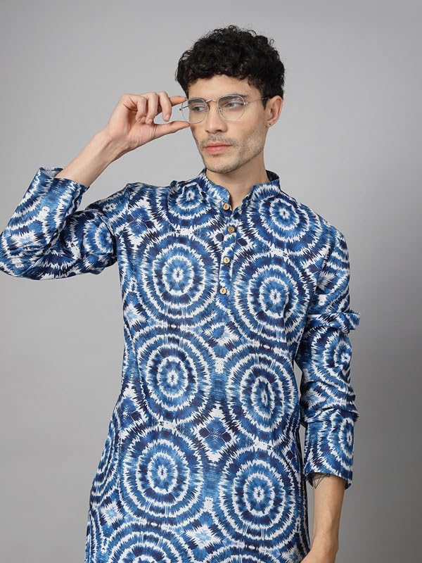 Image of Vastraa Fusion Men's Printed Kurta Pure Cotton Long Kurta, Round Collar, Full Sleeves, Button Kurta, Ethnic Wear