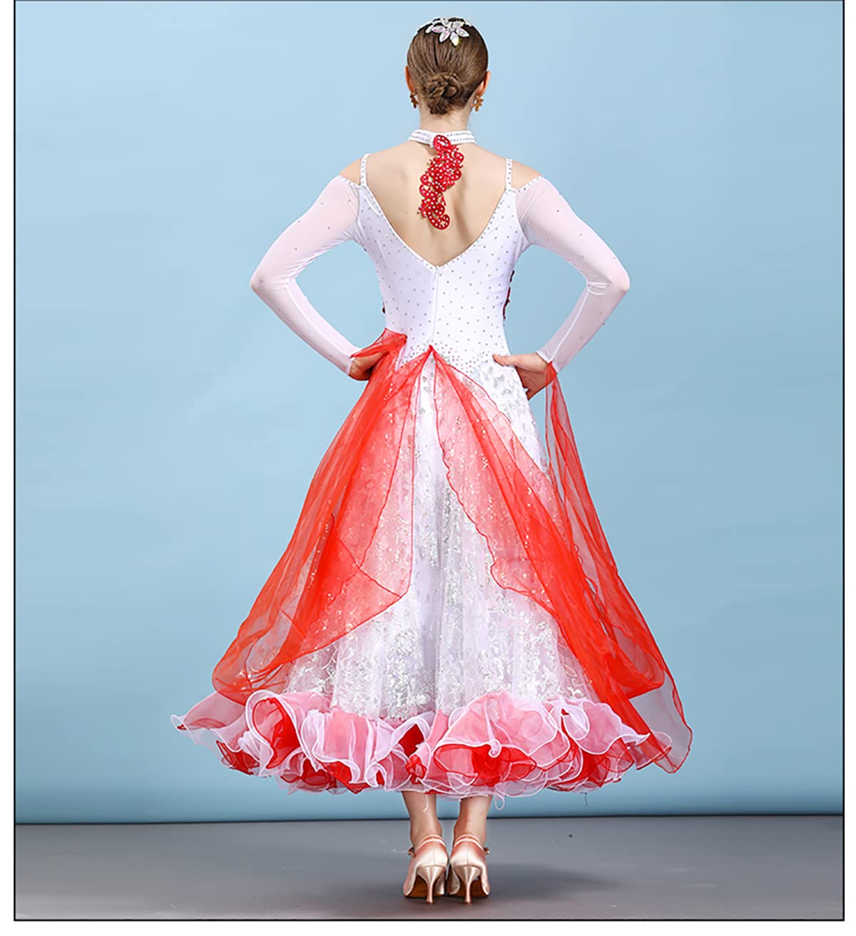 Sukienka do tańca towarzyskiego duża spódnica swingowa damska moda seksowna sukienka z dekoltem w serek solidna nowoczesna siatka zwiewna długa tiulowa sukienka na imprezę elegancka sukienka odzież performance