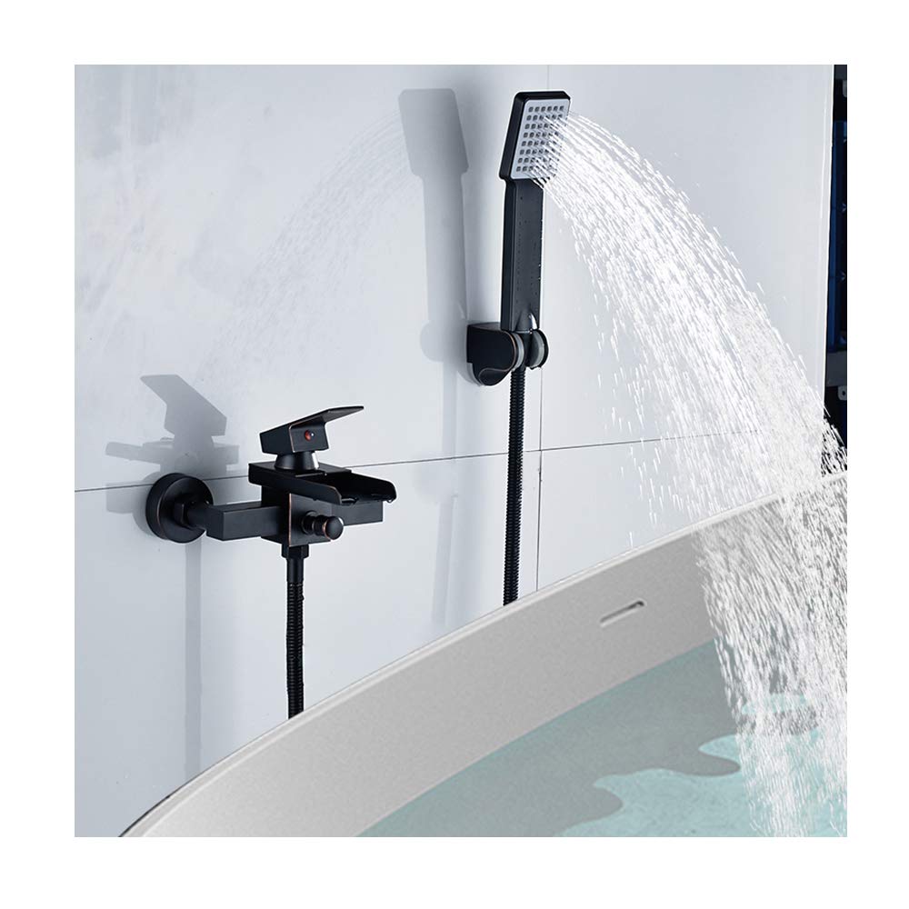 GLJTUO Black Waterfall Bathtub Faucet with Handheld Shower Brass Wall Mounted Shower System with Single Handle Bathtub Mixer Taps for Bathroom