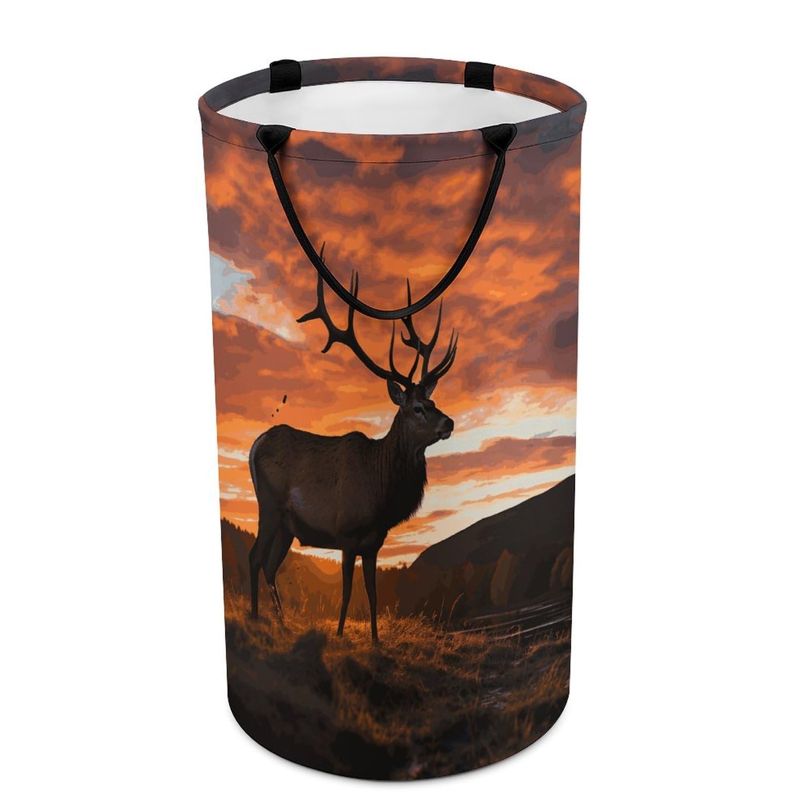 Red Deer Bull Elk Sunset Laundry Hamper with Handles Large Collapsible Laundry Basket Waterproof Freestanding Dirty Clothes Basket Portable Clothes Hamper for Bathroom Bedroom Daily Use