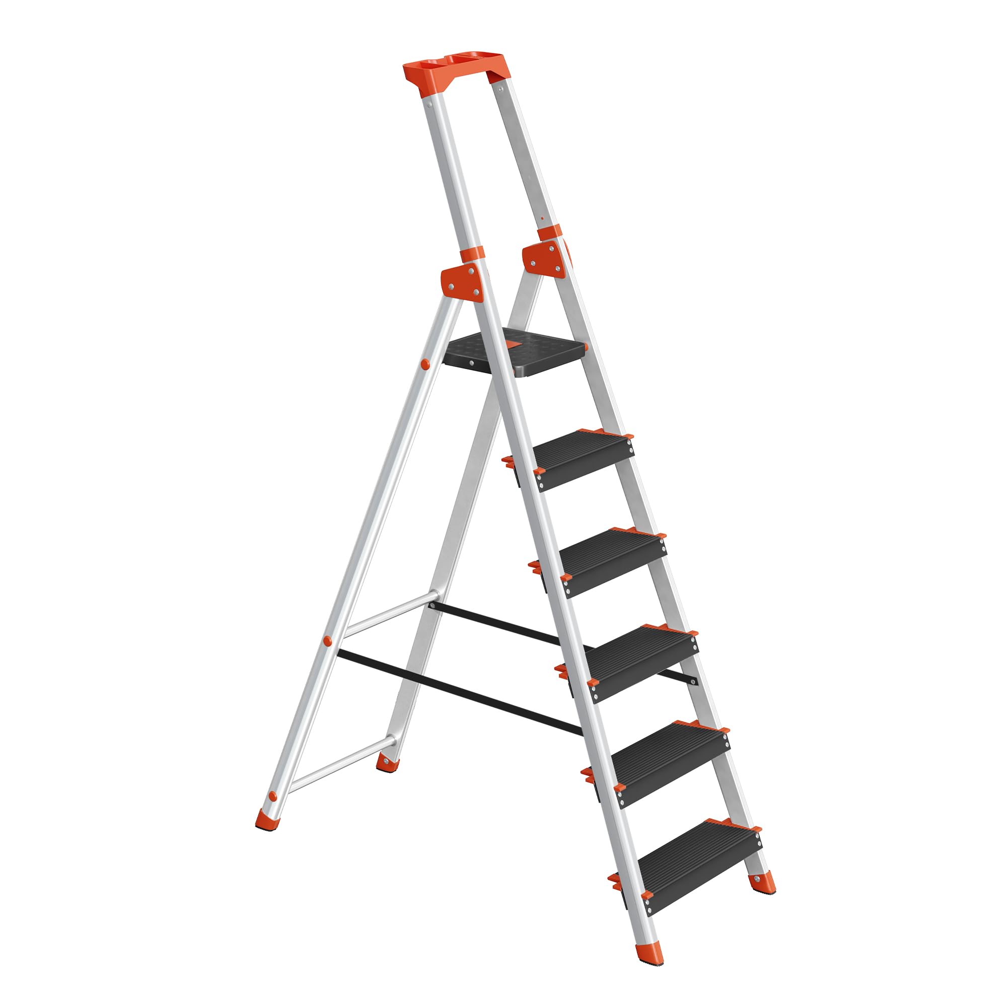 SONGMICS Échelle 6 Marches, en Alliage d'Aluminium, Escabeau, Largeur de la Marche 12 cm, Pliable, Plateau à Outil, Pieds Antidérapants, Capacité de Charge 150 kg, Noir et Orange GLT06BK