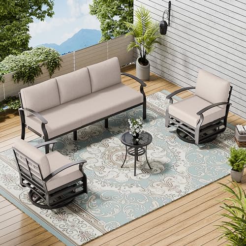 Image of Patio Furniture Set 3-piece Aluminum Armrest Sofa, All-Weather Patio Conversation Set with Tempered Glass Top Table & Removable Sponge Cushions for Backyard Poolside - Sand