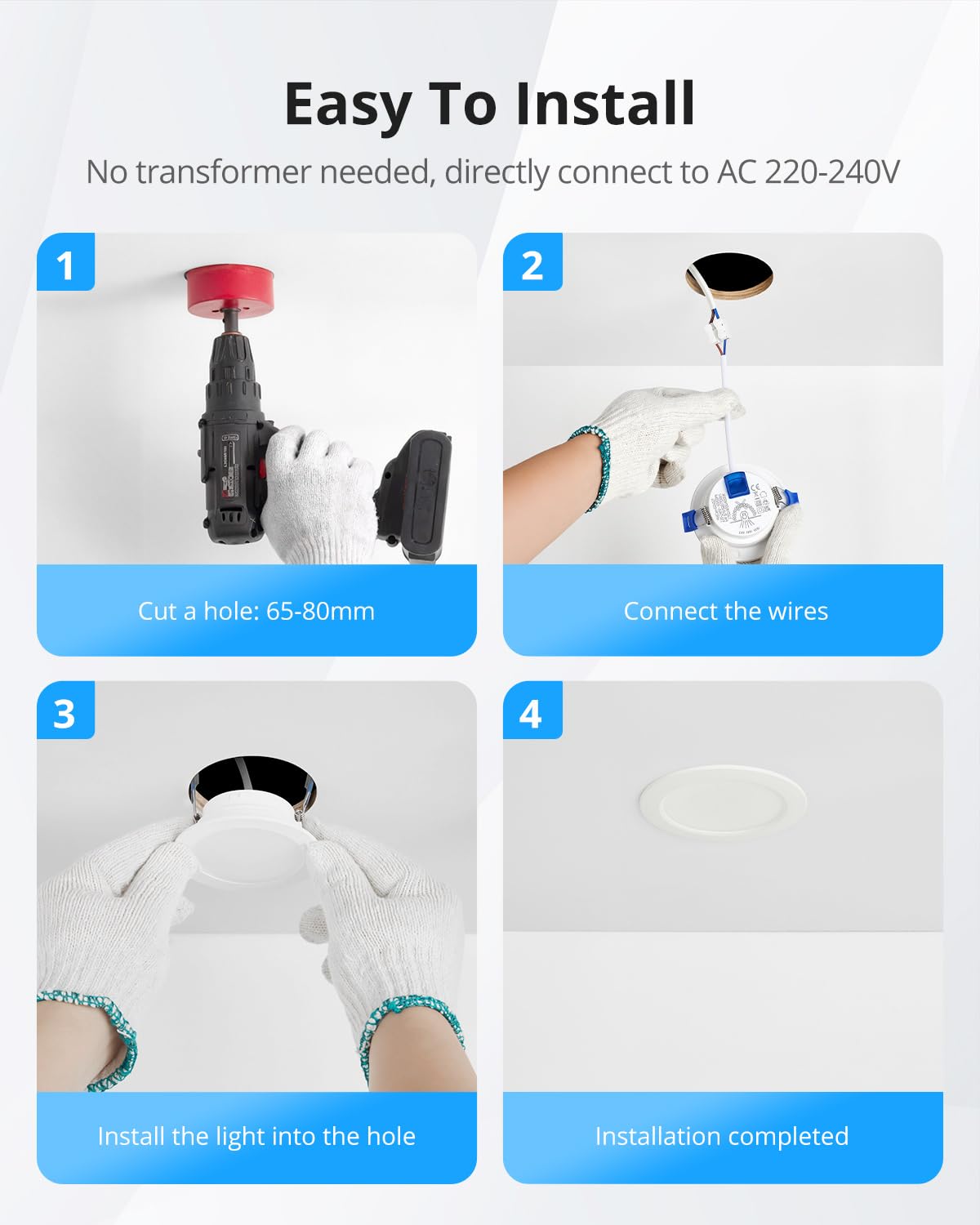 Gr4tec Reflektor LED do zabudowy, ściemnialny, 10 6 W, IP65, ciepła biel, 2700K, neutralna biel, 4000 K, zimna biel, 6000 K, 700 lm, bardzo płaskie reflektory sufitowe do salonu, kuchni, otwór Φ68-80