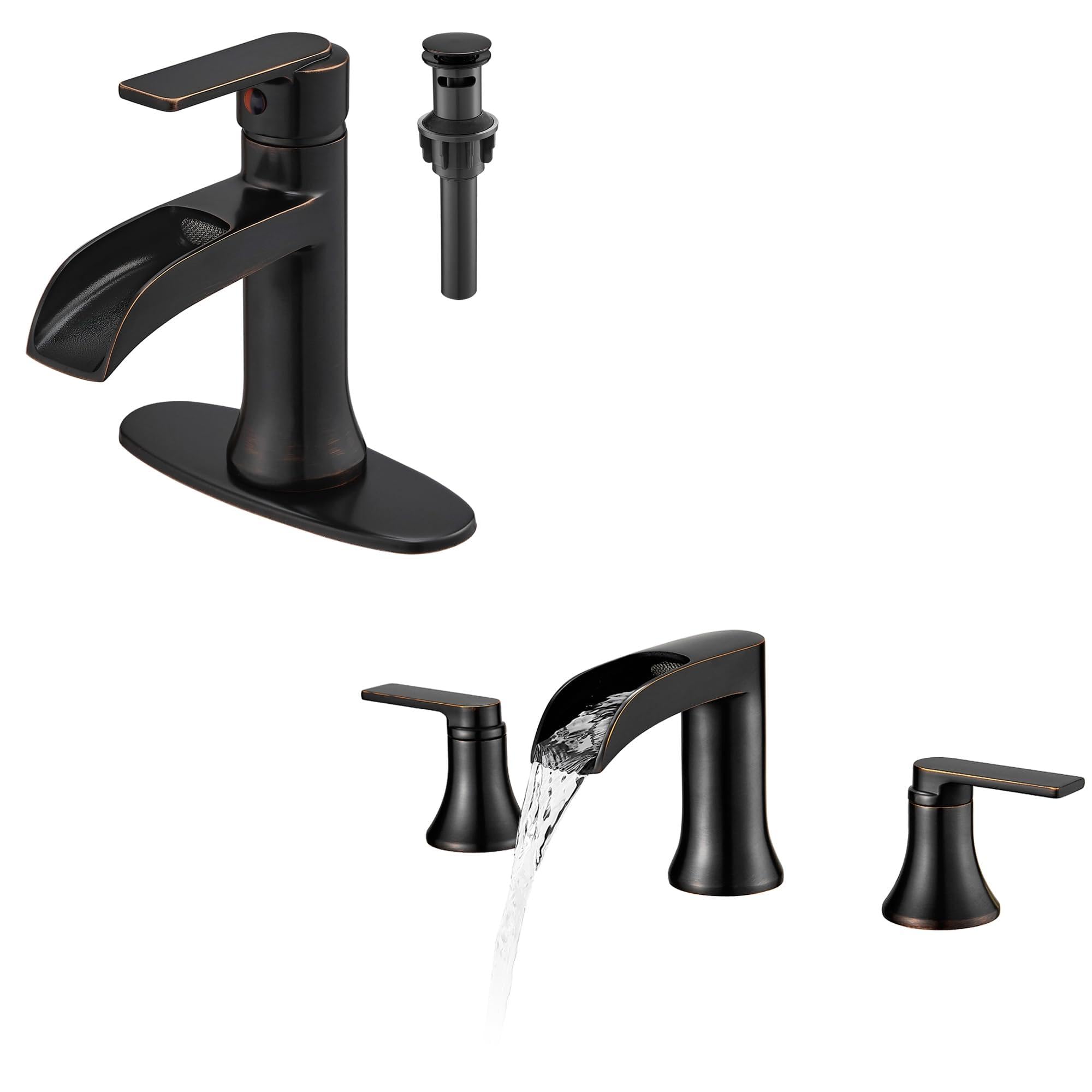 Hcfyauis Bronze Waterfall Bathroom Sink Faucet Brass Single Handle Bathroom Faucet 1 Hole Or 3 Hole, Oil Rubbed Waterfall Tub Faucet 3 Hole, Brass High Flow Roman Bathtub Faucet
