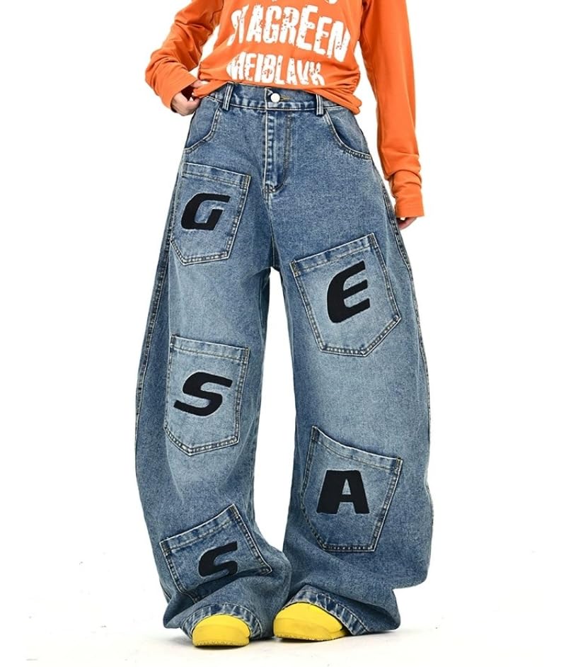 Y2k Unisex Vintage Letter Embroidery Multi Pocket Harajuku Oversize Jeans Hiphop Grunge Casual Boyfriend Denim Pants4