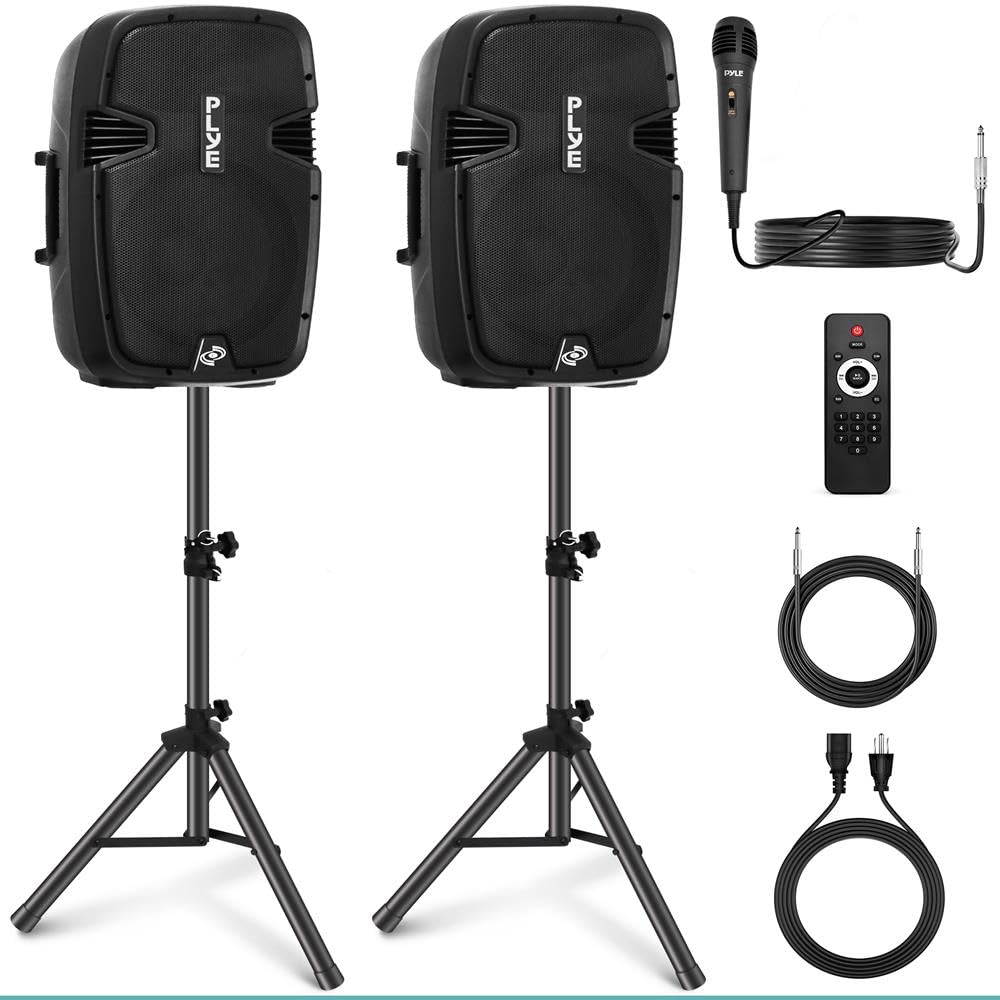Pyle Système PA 1800 W - Kit Complet - Haut-parleurs avec Microphone, boîte de fête Bluetooth, Haut-Parleur DJ avec 2 Supports de boîte, USB/SD/MP3/AUX, télécommande, Haut-parleurs Actifs/passifs