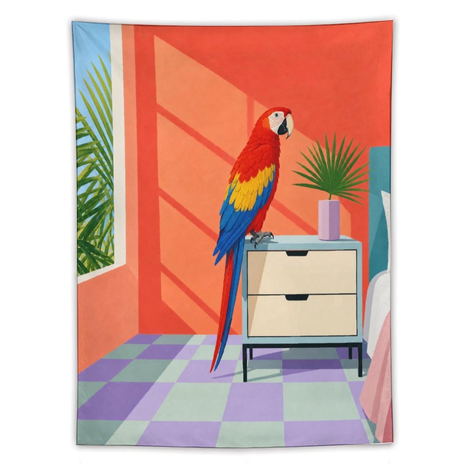 H3B8U2Y5 Parrot in Bright Room Wall Tapestry, Geometric Art Style, Backdrop