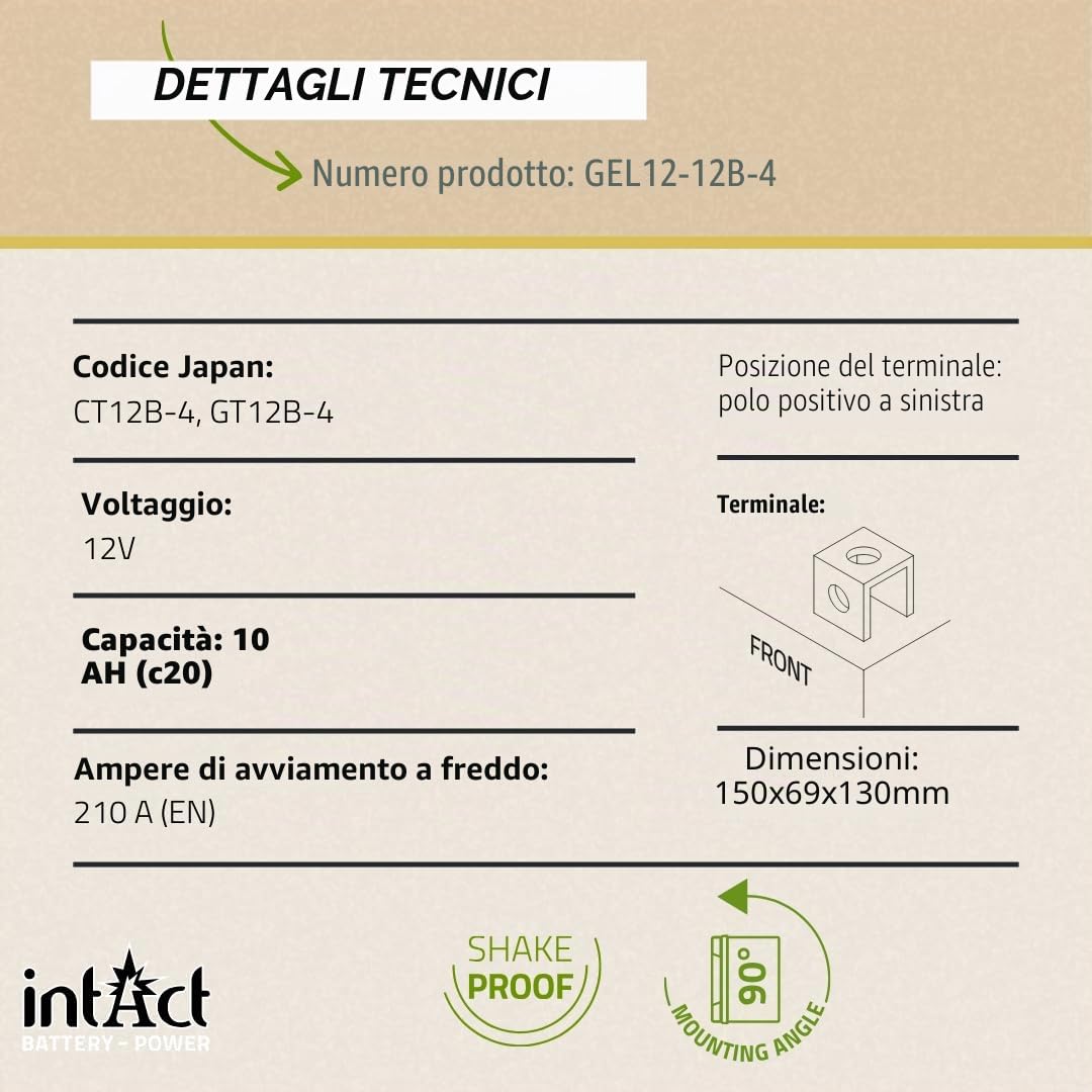intAct - BATTERIA MOTO GEL Bike-Power GEL12-12B-4. sostituisce YT12B, YT12B-BS. Batteria per moto 12V 10Ah 210A. Dimensioni: 150x69x130 mm. Con una potenza di avviamento superiore del 30%.