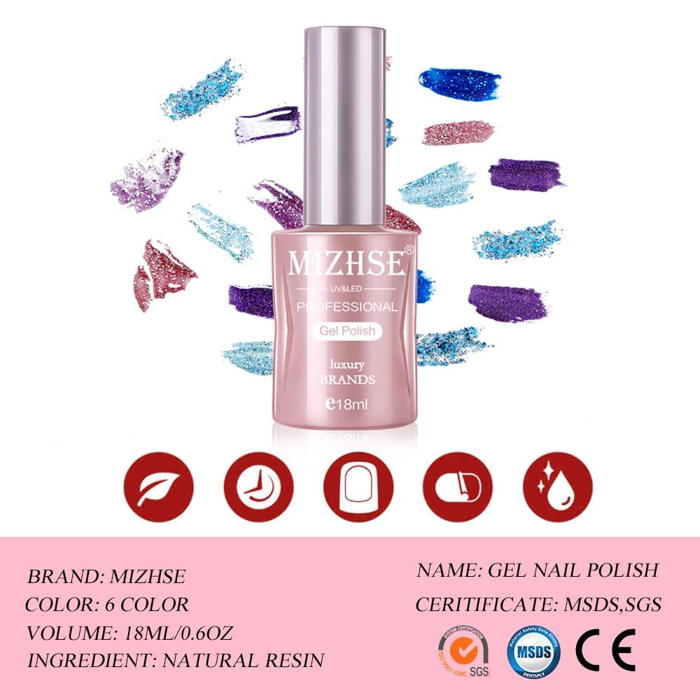 Amazon.com : MIZHSE Gel Nail Polish 6 Color, Shimmer Glitter UV LED Gel  Polish Set 18ml, Blue Purple Home Manicure Kit Nail Art Salon : Beauty &  Personal Care