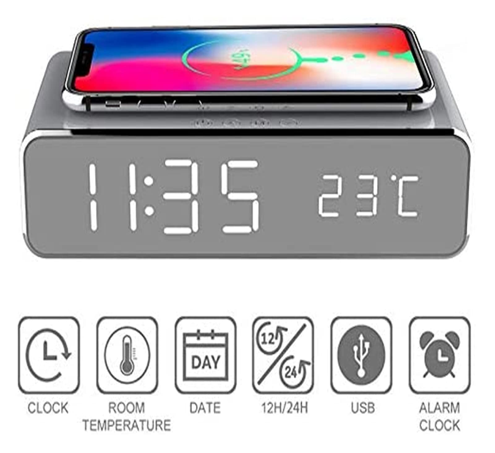 JJJ WTL Despertador Multifuncional 2 en 1 Carga inalámbrica del Reloj de Alarma del Reloj de Alarma con la Temperatura del termómetro Tablero de Carga 5W