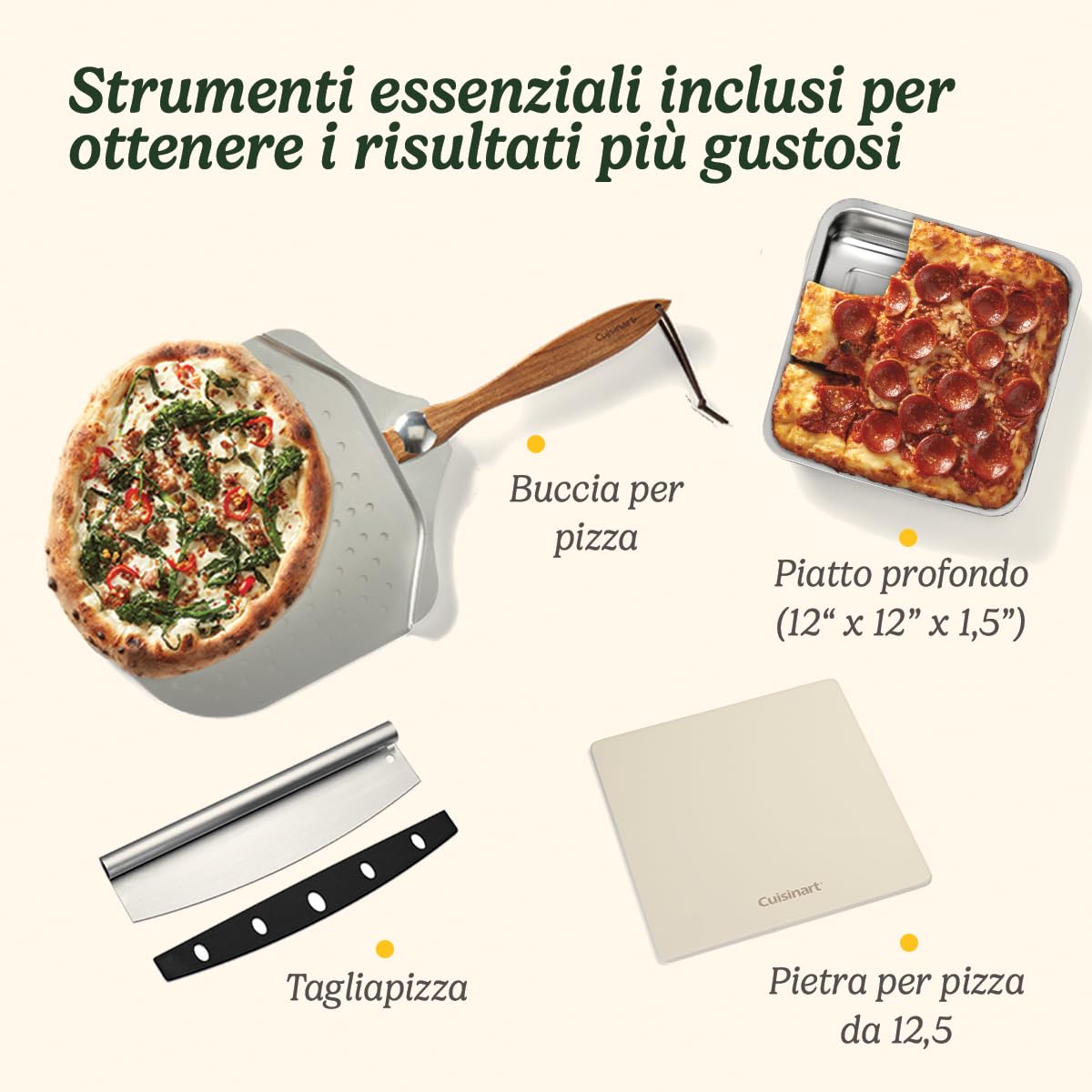 Cuisinart Forno per Pizza | Per uso interno, Gusto a legna in 5 minuti, Kit Pizza Incluso: Buccia per Pizza, Taglierina, Pietra e Piatto Profondo, Tempo e Temperatura Regolabili Fino a 400°C Spina EU