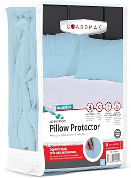 Guardmax Waterproof Pillow Protector Blue Queen Size - Zippered Bed Bug Pillow Protector 12 Pack - Hypoallergenic Pillow Case Cover Protects from Bedbug, Dust Mite, and Liquid Spills - 20 X 30