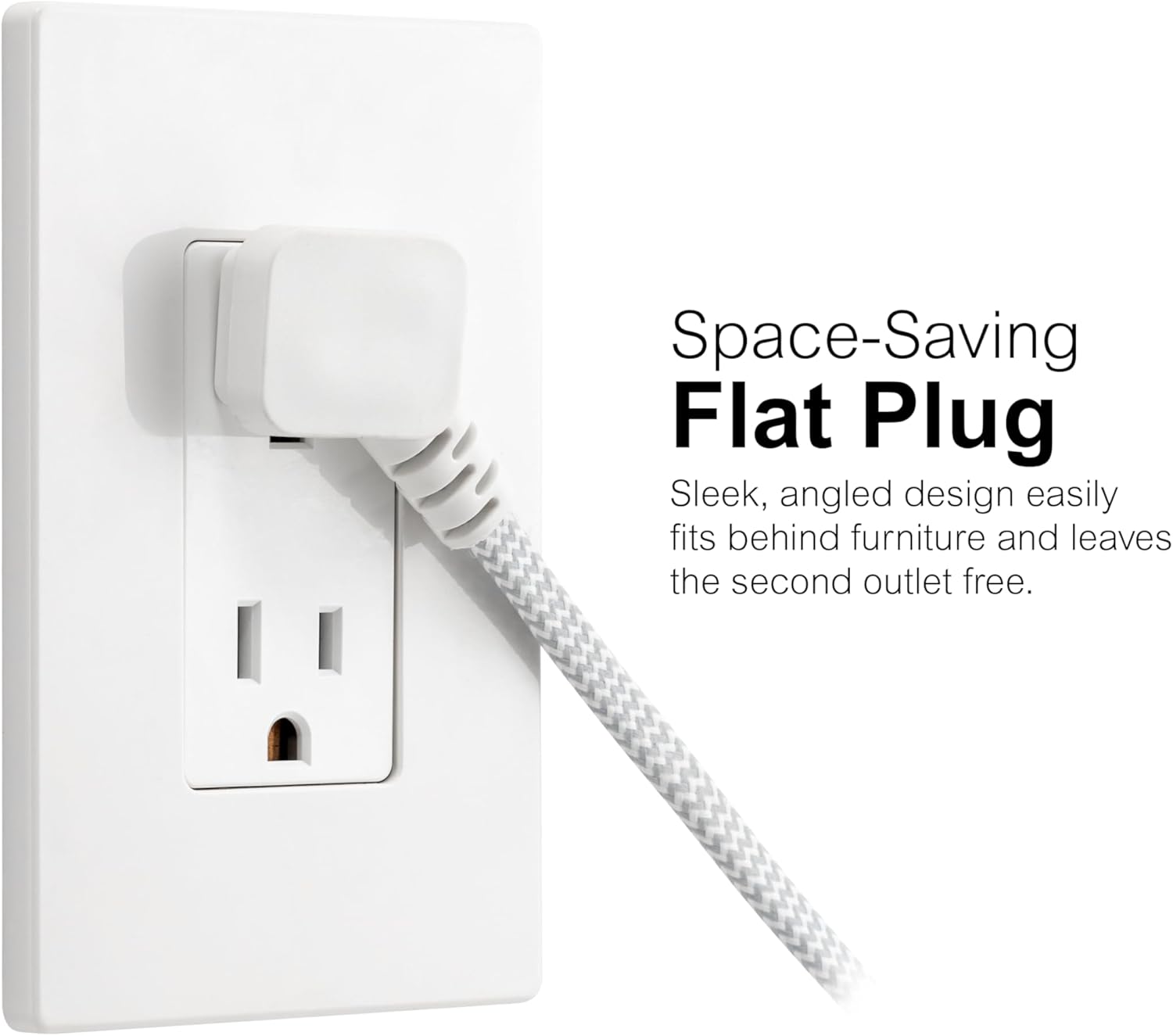 GE Indoor Flat Plug Extension Cord 15 Ft, 3-Outlet Braided Extension Cord with Multiple Outlets Long Extension Cord with Safety Slide, 2 Prong Right Angled Plug White/Gray Power Cord ETL Listed 81589