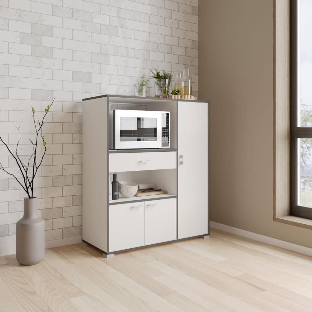 Befara Armadio Cucina AUSILIARIO BELHO, Bianco, Armadio ausiliario da Cucina. Spazio per microonde. 3 Porte, cassetto e scaffali. Mobile dispensa - Credenza.