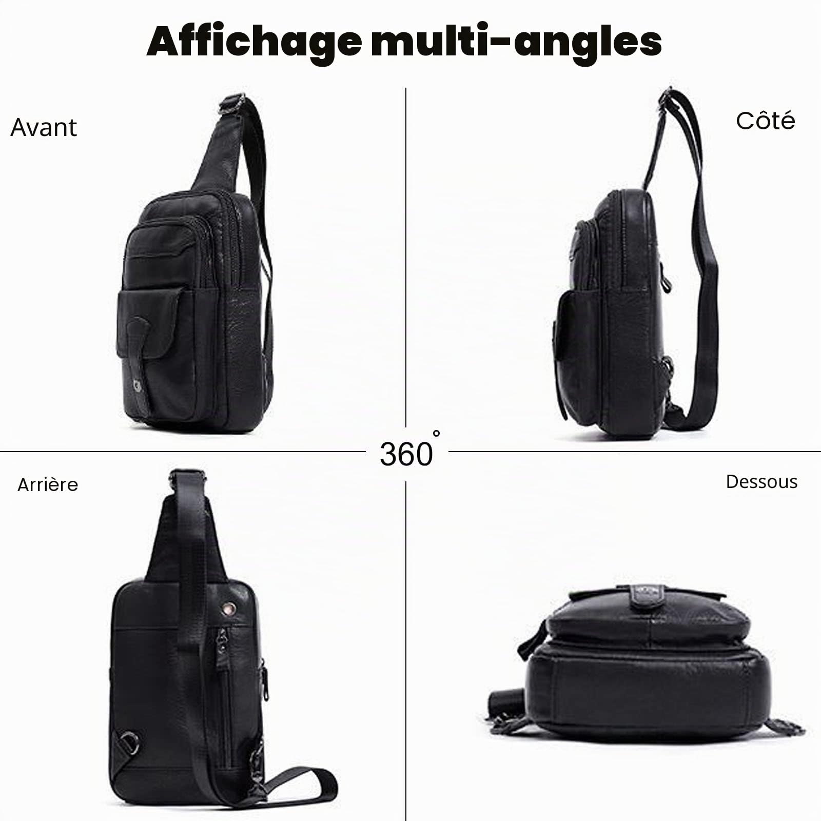FANDARE Rétro Sac Poitrine en Cuir Homme Sac Bandoulière Randonnée Sacoche Sac Bandouliere Sac d'Epaule Sacoche pour Voyage Sports épaule Travers Cyclisme Moto Imperméable Sling Crossbody Bag Noir