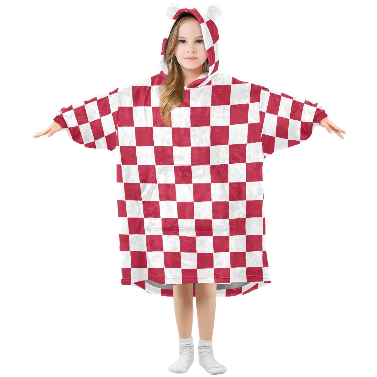Kratka czerwony biały dziecięcy koc do noszenia bluza z kapturem oversize bluza koc sweter kratka dla chłopców dziewcząt w wieku 3-14 lat