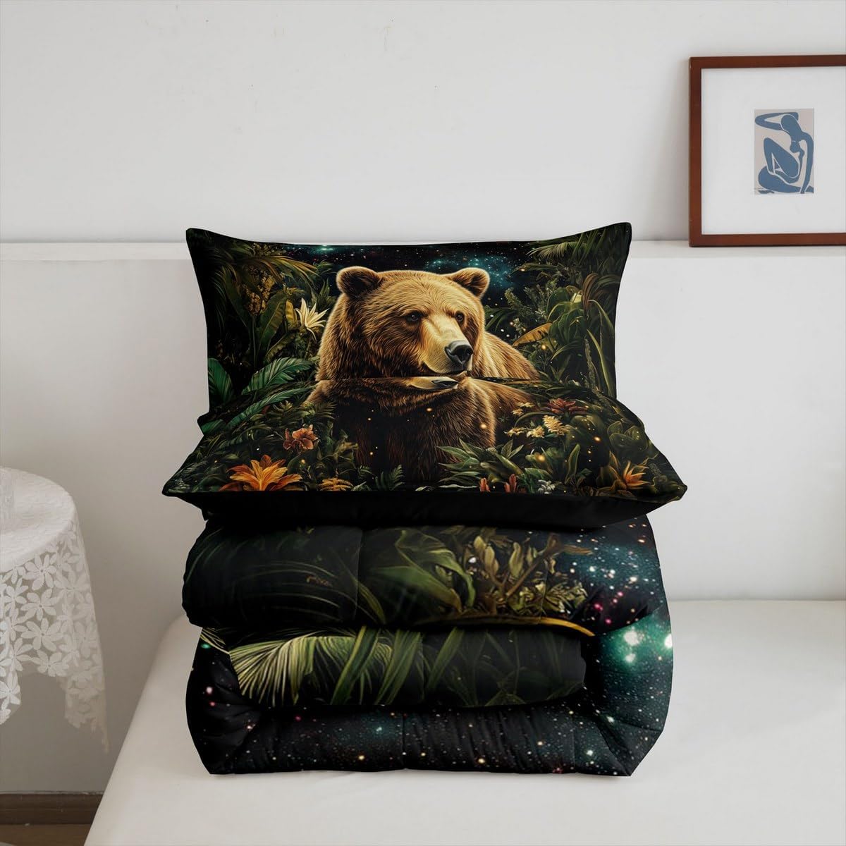 Manfei Wild Bear Kids Queen Comforter Sets,Vintage Animals Jungle Plants Bedding Set for Boys Teens Children,Mystery Galaxy Sky 3 Pieces Quilt Sets,Wild Leaves Flowers Duvet Insert,2 Pillow Cases