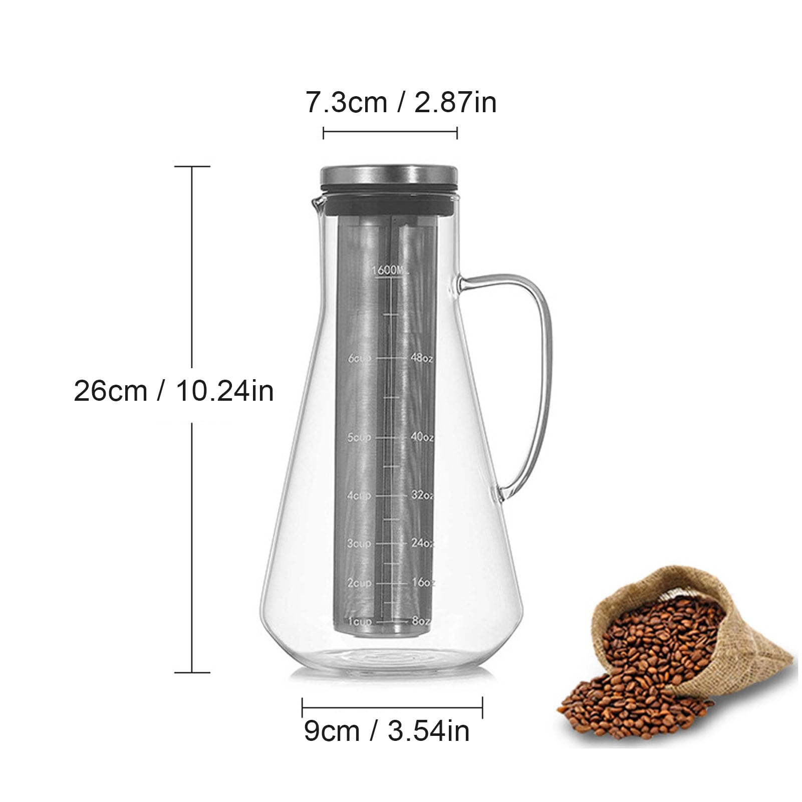 Cafetière à Infusion à Froid en Acier Inoxydable Pichet Verre Borosilicate 1600ML