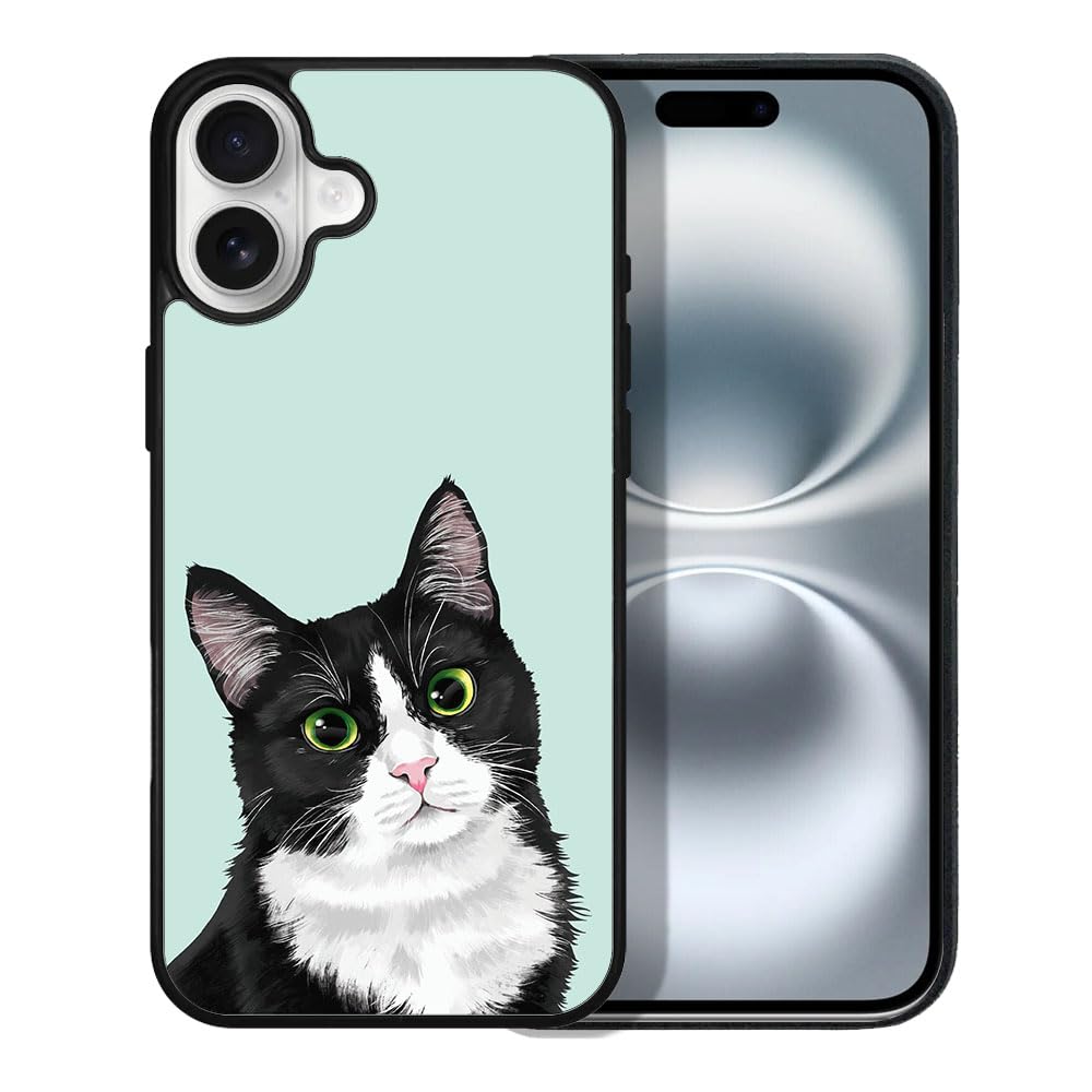 FINCIBO Anti-Scratch Soft Rubber Protective Shockproof Slim Case Cover Compatible with Apple iPhone 16 6.1 inch 2024 - Cute Black White Tuxedo Cat on