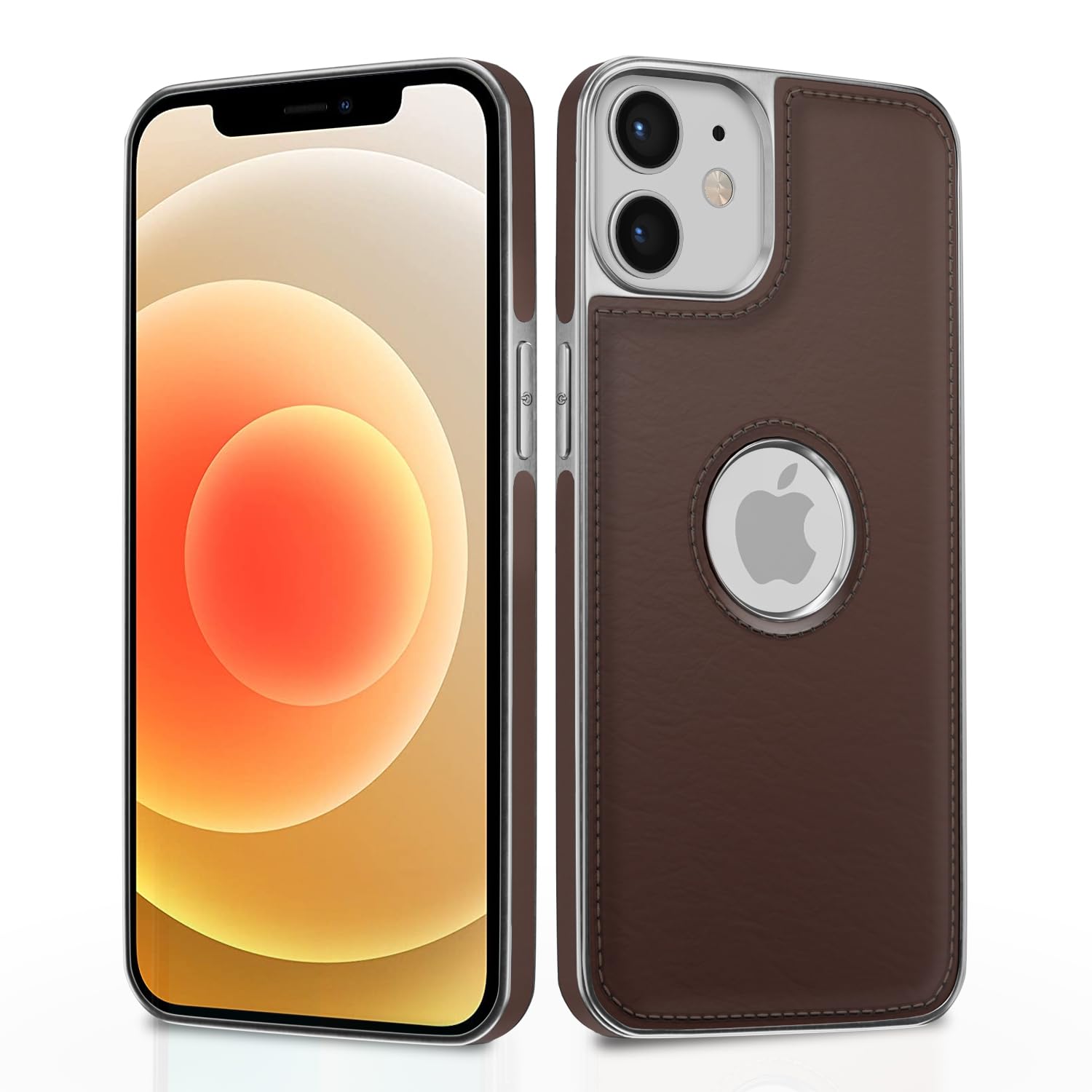 Pikkme Chrome Leather Back Cover | Flexible Pu Leather | Full Camera Protection | Silver Electroplated Chrome | Bumper Case for iPhone 12/12 Pro (Chrome Coffee)