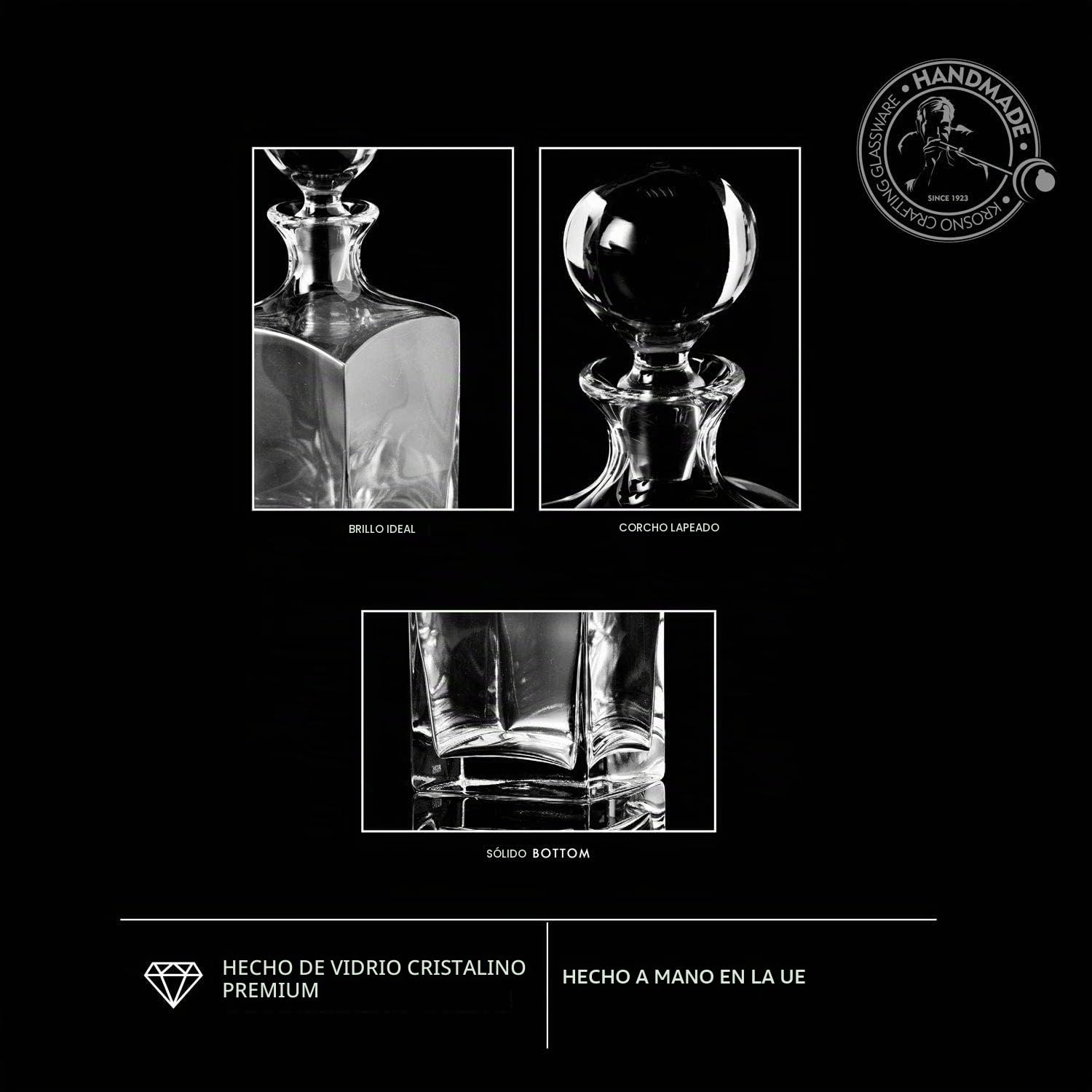 Krosno Decantador/garrafa para whisky y ron con tapón | 1000 ml | Colección Caro | Caja regalo con copa de brandy y botella de agua | Para casa, restaurantes y cocina | Cristal sin plomo