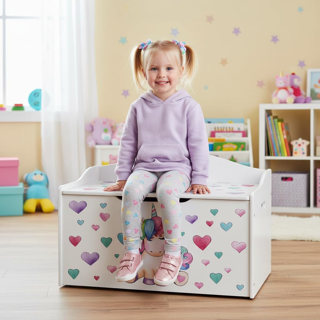 Leomark Kinderbank Hölzerne - Unicorn - Kindertruhenbank, Behälter für Spielzeug, Truhe für Kinderzimmer, Höhe: 46 cm