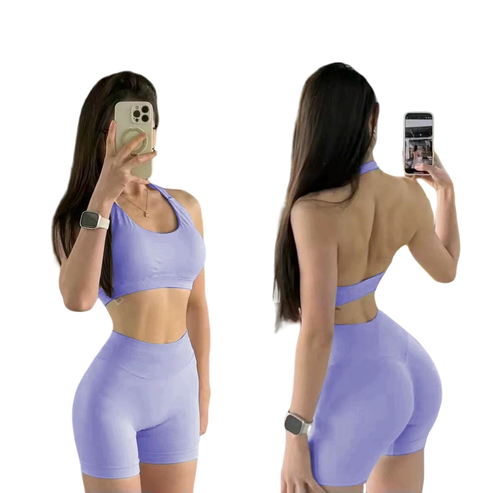 WANGQIQI Legginsy dla kobiet UK 2 sztuki bezszwowe ubrania do jogi bez pleców damskie sportowe szorty biustonosz piękny tył top spodnie do biegania fitness rozciągliwe rajstopy zestaw-7-l