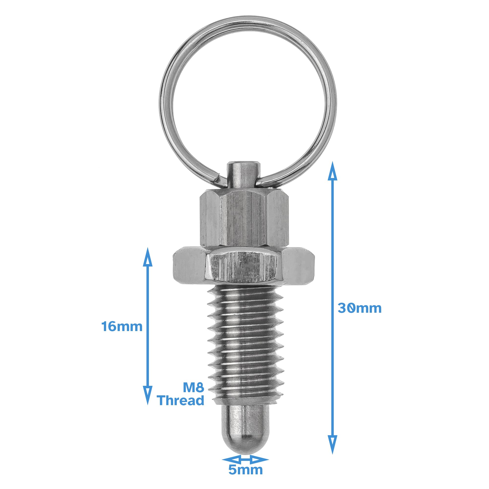 HALLMERS M8 x 16mm Thread 5mm Pin Diameter Ball Head Indexing Spring Plunger with Pull Ring - Stainless Steel Retractable Locking Bolt Auto Stop Self Lock Threaded Index Mechanism Accessory Tool