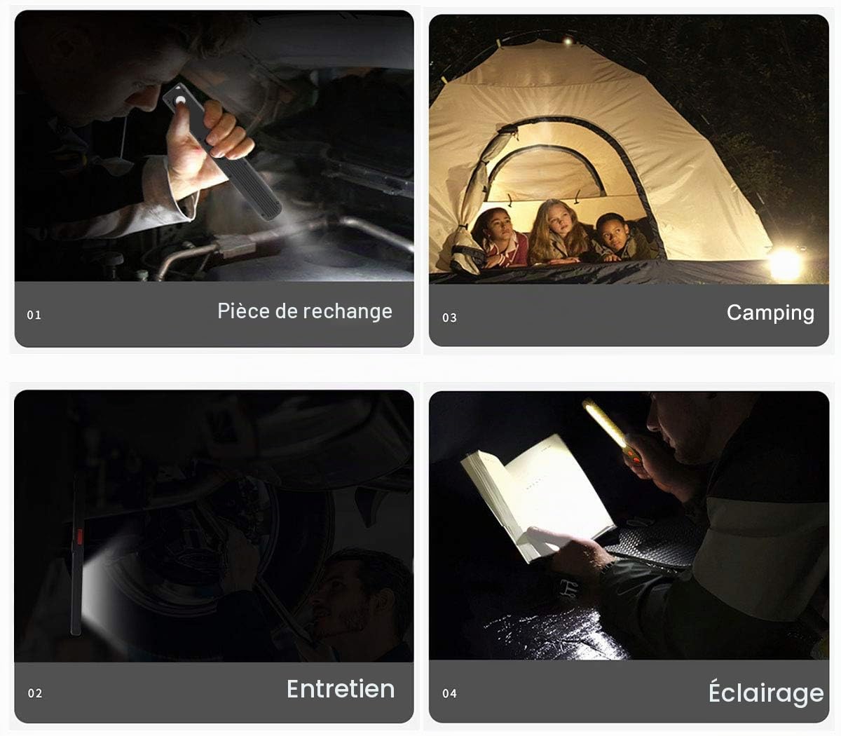 Lampe de Travail LED Rechargeable, Lumière combinée Double Couleur Lampe d'inspection 2 en 1 et 3 W COB LED Torche Lampe avec Double Magnétique pour Auto Garage Atelier Camping Bricolage etc