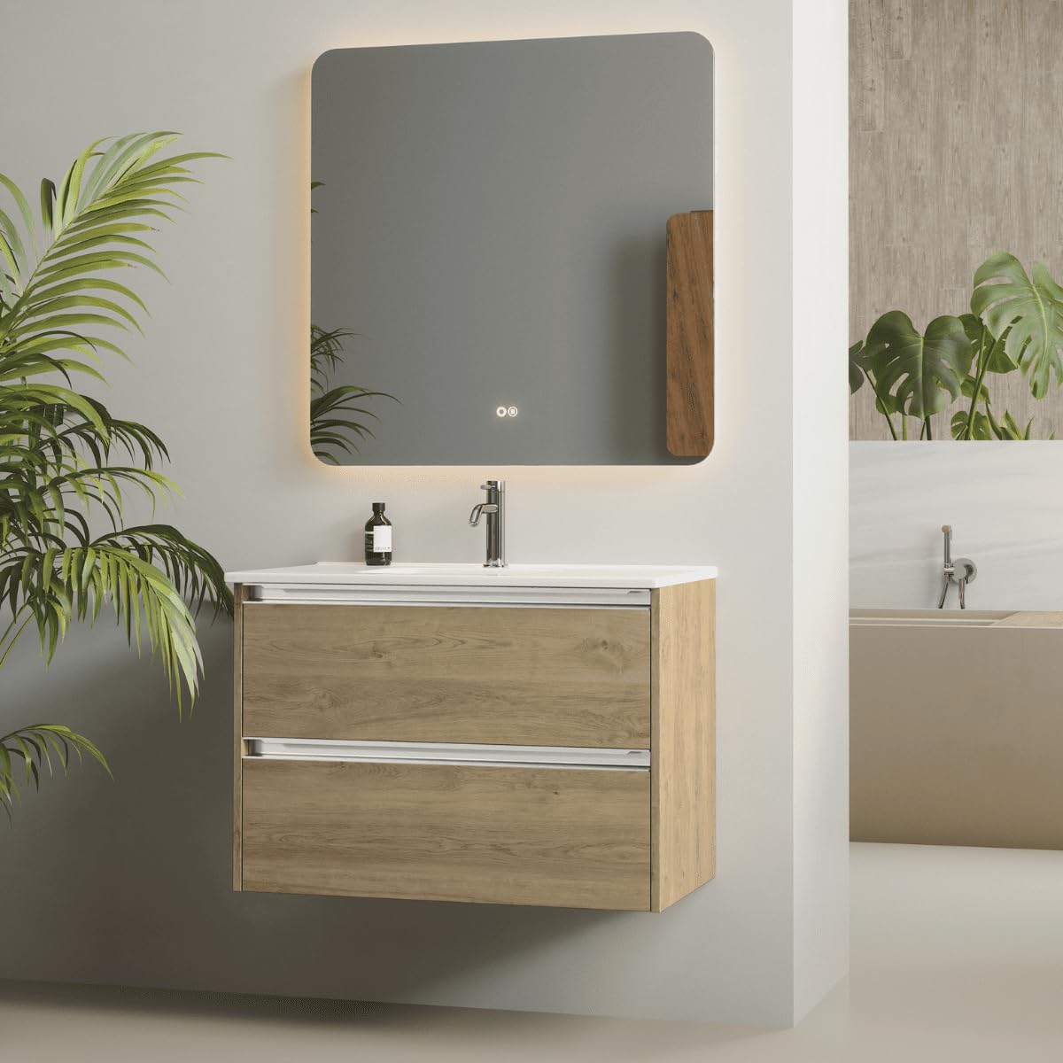Armoire de salle de bain suspendue avec lavabo en céramique pour WC - 2 tiroirs avec poignée - 50 cm - Chêne naturel - Poignée chromée