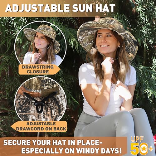 Image of Men Safari Sun Hat Wide Brim Boonie Fishing Cap with Adjustable Drawstring