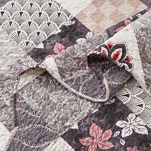 King Size Quilt Set 3 Pieces Lightweight Reversible Bedspread-98''x106'' Soft Patchwork Floral Coverlet Luxurious Warm Microfiber Bed Cover All Seasons Gray Bedding Set(1 Quilt,2 Pillow Shams)