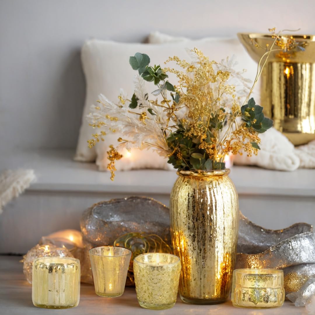 Koyal Wholesale Gold Mixed Mercury Glass Candle Holder, 6-Pack, Boho Mismatched Votive Candle Holders for Table Centerpieces, Assorted Gold Votive Candle Holders Wedding Birthday Baby Shower Decor