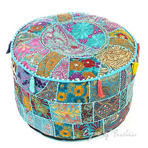 Eyes of India - 22 X 12 Blue Patchwork Round Ottoman Pouf Pouffe Cover Floor Seating Bohemian Accent Boho Chic Indian Handmade