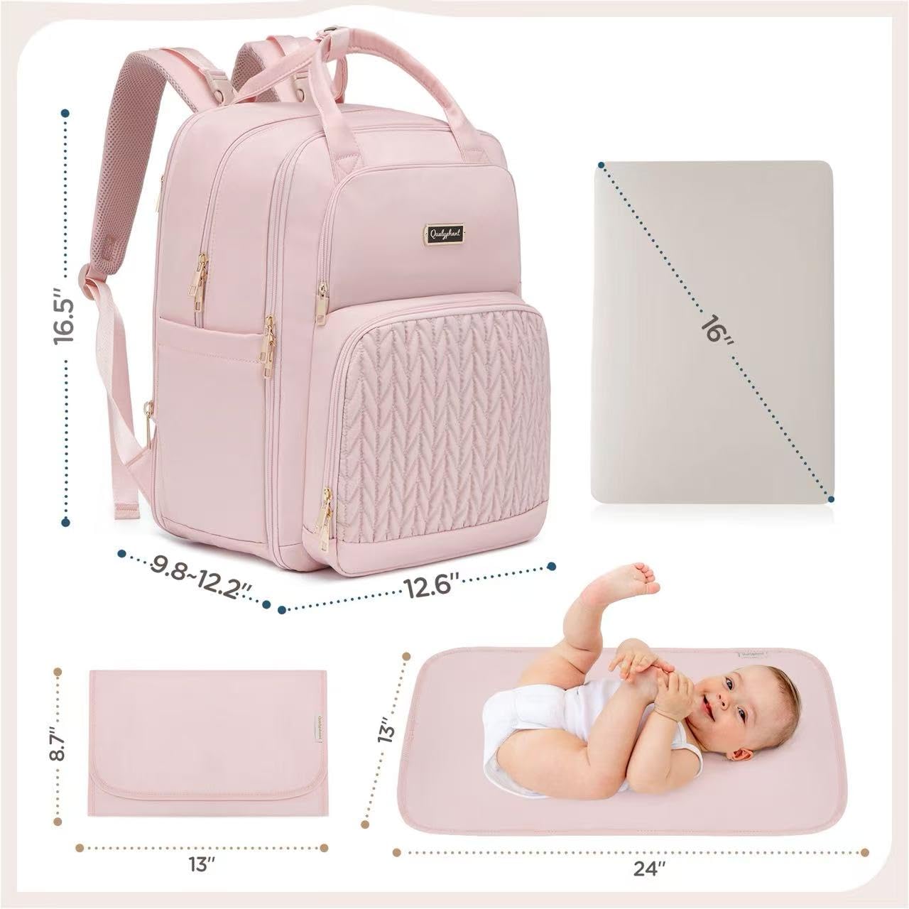 Extra Large Diaper Bag Backpack - Diaper Bag for 2 Kids Twins (Expandable 30L-38L) - Cute Travel Baby Backpack with Changing Pad for women (Pink, Water Resistant) - Image 6